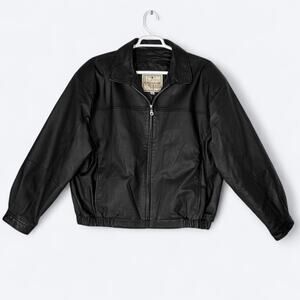 VTG 90s Y2K Heavy Black Leather Bomber Jacket Quilted Lining Mens L John Ashford